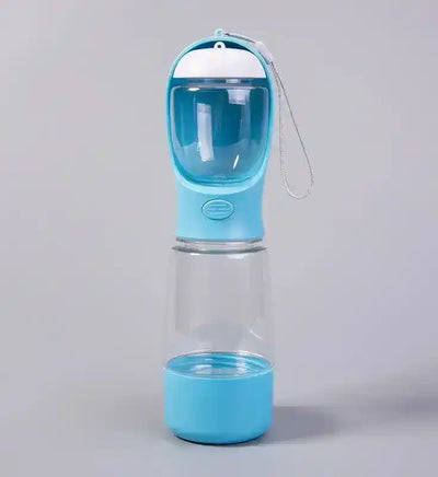 Blue portable pet water bottle with clear body, top cup, and wrist strap | PicSEO 1786063252644