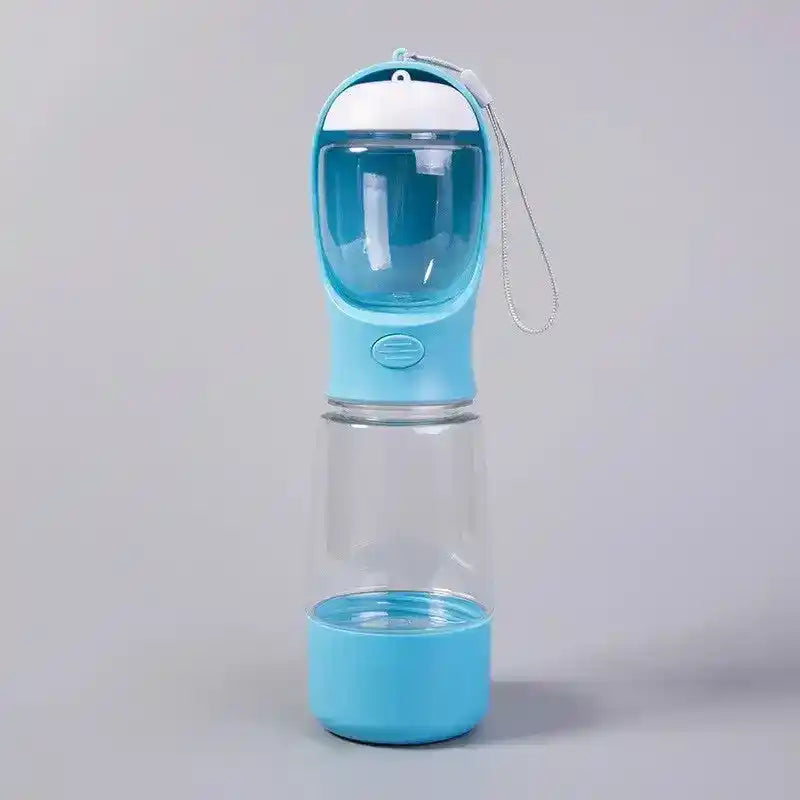 Blue portable pet water bottle with clear body, top cup, and wrist strap | PicSEO 1786063252644