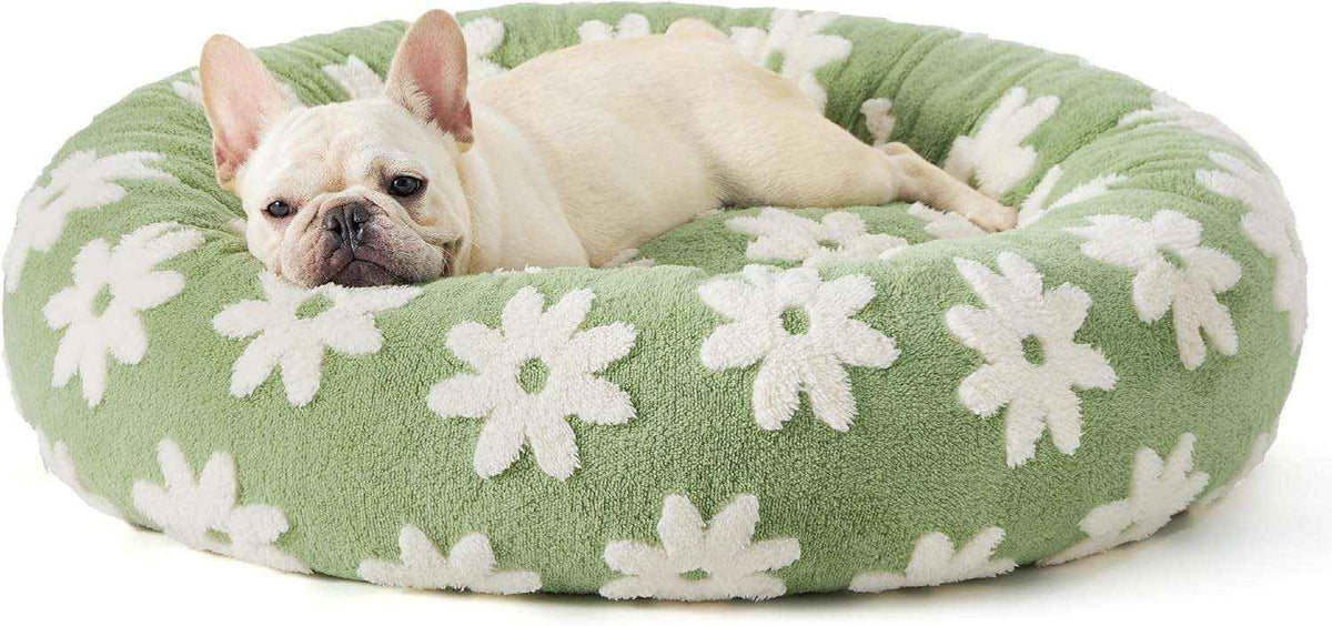 Round Thermal Dog Bed Nest – Cozy Raised - Side Design - Dog Beds & Furniture - TinPaw - Green White Petal Non - Removable - 80x80x20cm - SU00148992 - Green White Petal Non - Removable - 80x80x20cm