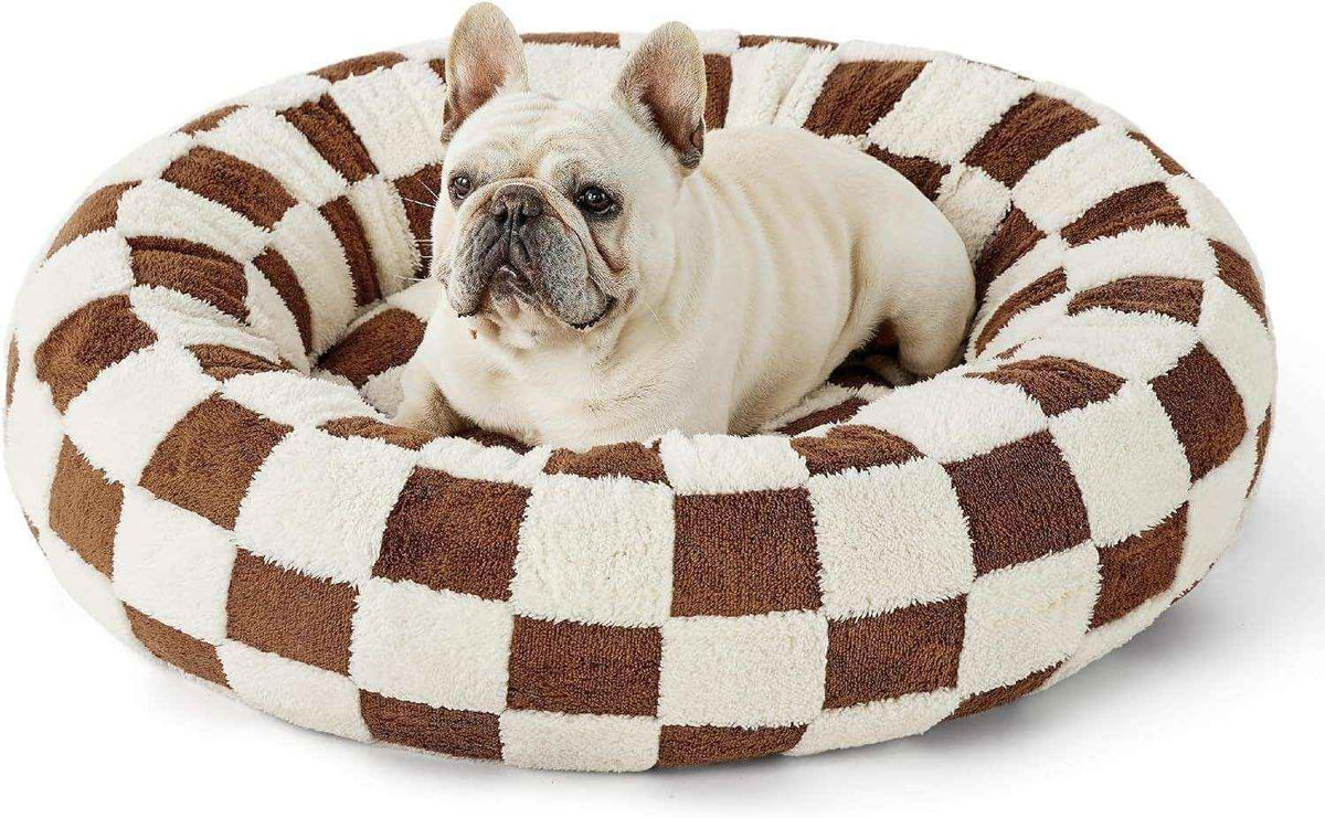 Round Thermal Dog Bed Nest – Cozy Raised - Side Design - Dog Beds & Furniture - TinPaw - White Brown Check Non - Removable - 50x50x18cm - SU00148992 - White Brown Check Non - Removable - 50x50x18cm
