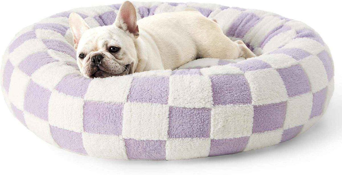 Round Thermal Dog Bed Nest – Cozy Raised - Side Design - Dog Beds & Furniture - TinPaw - Purple  white plaid  Non - Removable - 80x80x20cm - SU00148992 - Purple  white plaid  Non - Removable - 80x80x20cm