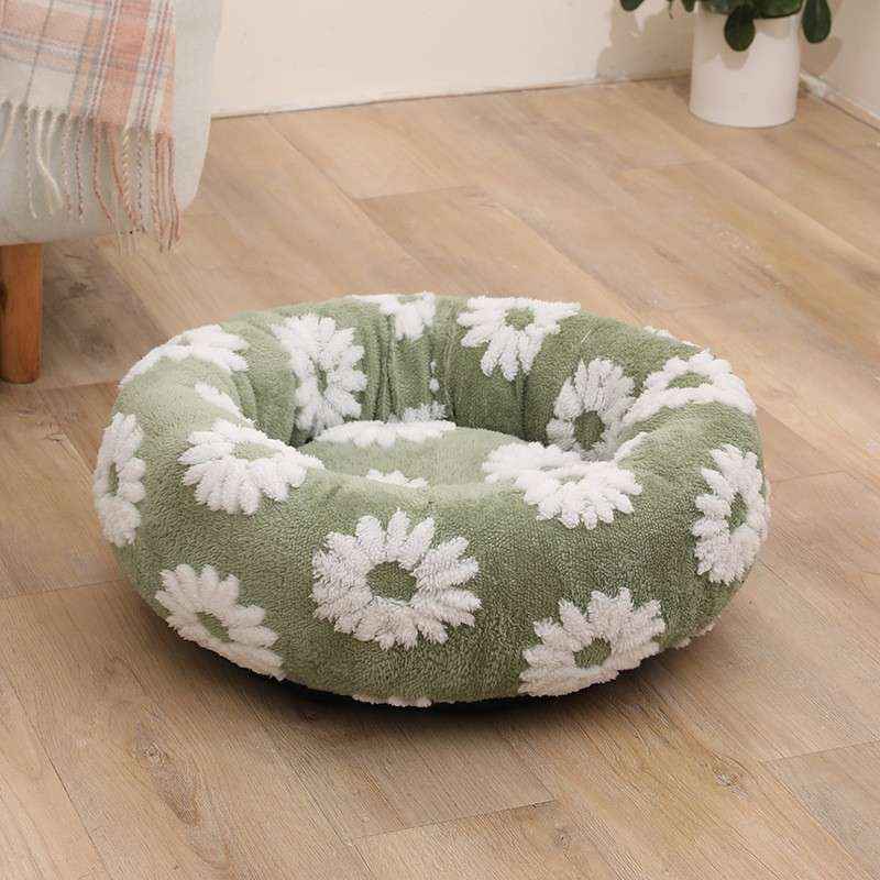 Round Thermal Dog Bed Nest – Cozy Raised - Side Design - Dog Beds & Furniture - TinPaw - Green White Petal Removable - 50x50x18cm - SU00148992 - Green White Petal Removable - 50x50x18cm