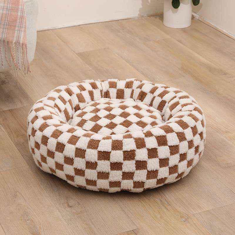 Round Thermal Dog Bed Nest – Cozy Raised - Side Design - Dog Beds & Furniture - TinPaw - White Brown Check Removable - 90x90x20cm - SU00148992 - White Brown Check Removable - 90x90x20cm
