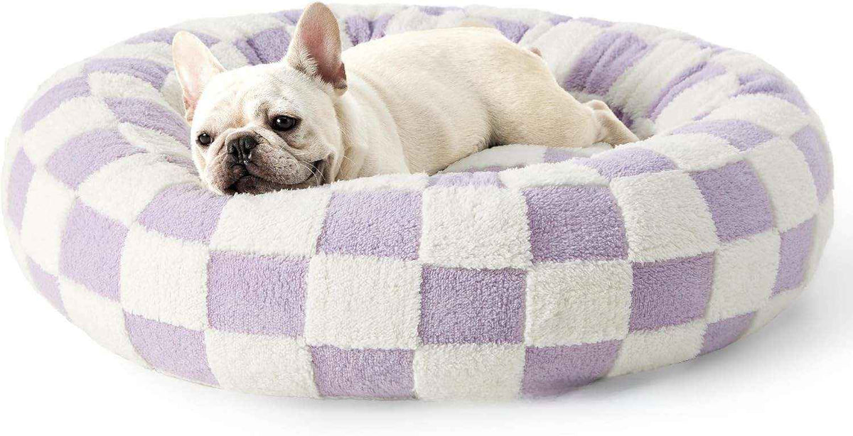 Round Thermal Dog Bed Nest – Cozy Raised - Side Design - Dog Beds & Furniture - TinPaw - Purple White Check Removable - 90x90x20cm - SU00148992 - Purple White Check Removable - 90x90x20cm