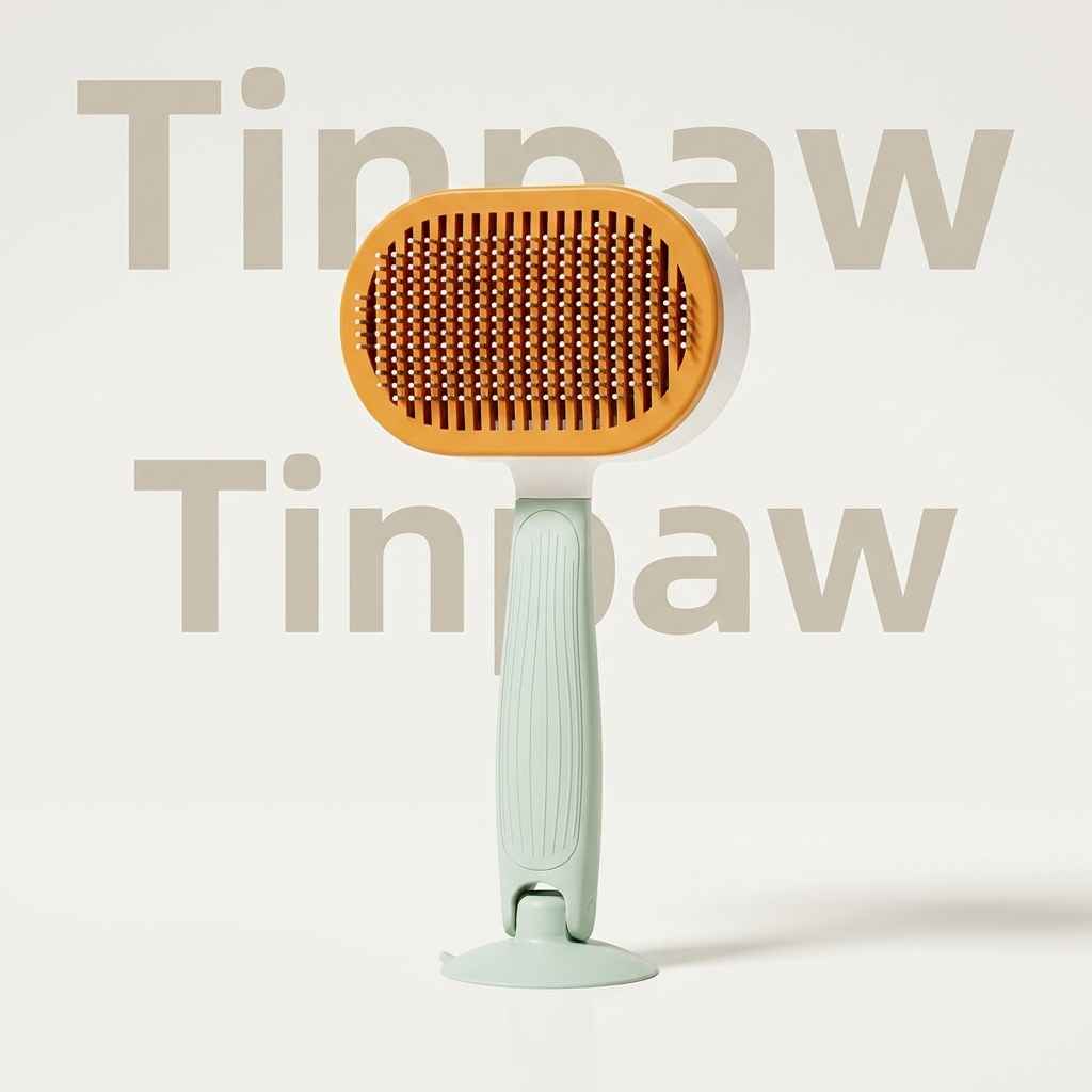 A pet grooming brush with a light sage green handle and a warm orange oval bristle head, shown against a light beige background with a large 'Tinpaw' brand watermark.