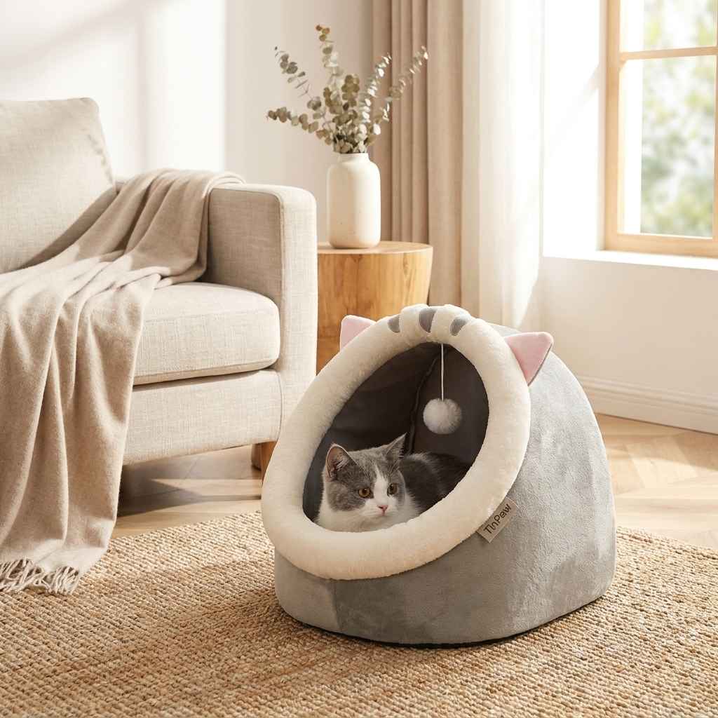 Semi - Enclosed Pet Nest Bed – Cozy Small Dog & Cat Den - Dog Beds & Furniture - TinPaw