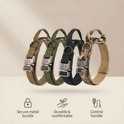 Four tactical dog collars in different colors (tan, olive green, black, and camouflage) are displayed side-by-side with feature icons and text below on a beige background.