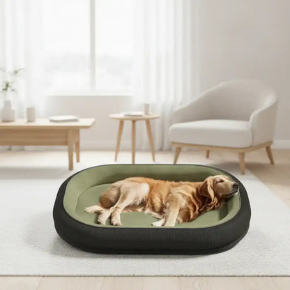 Dog resting in the gray TinPaw Nest bed in a bright living room